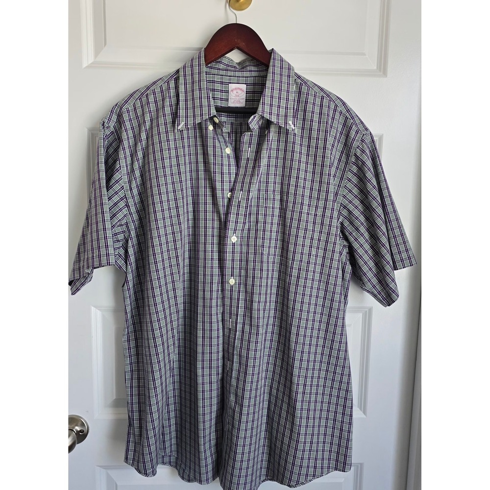 Brooks Brothers 346 Men XL Short Sleeve Non-Iron Cotton Plaid Shirt Purple Green